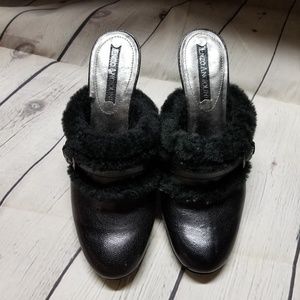 Enzo Angiolini Black Fur-Trimmed Mules